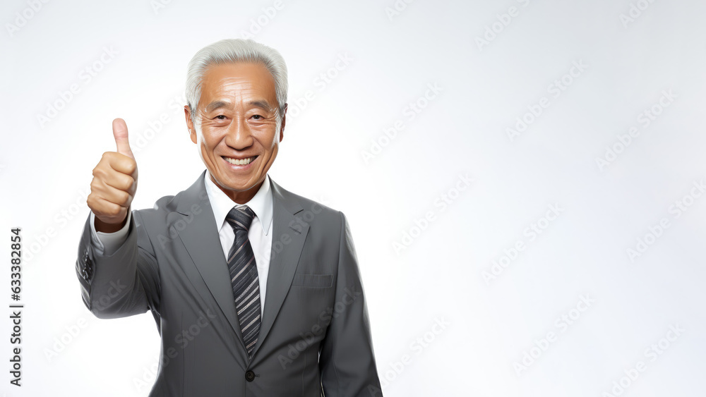 Successful senior asian businessman in formal suit wear showing thumb up isolated Successful senior asian businessman in formal suit wear showing thumb up isolated