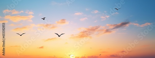 abstract beautiful peaceful summer morning sky background, sunrise new day and flying flock of birds © Eli Berr