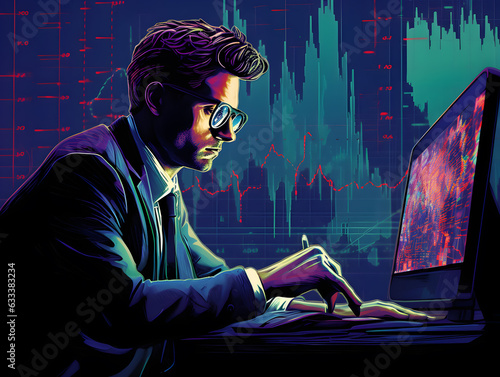 Illustration of a man looking at charts, trading stocks/crypto