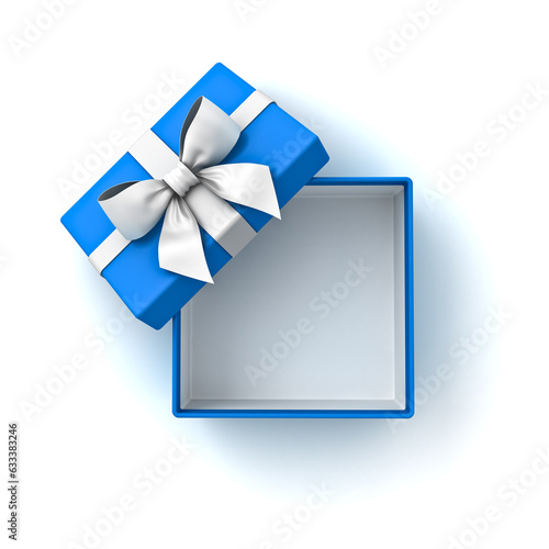 Blank blue gift box or top view of open blue present box with white ribbon and bow isolated on white background with shadow minimal concept 3D rendering