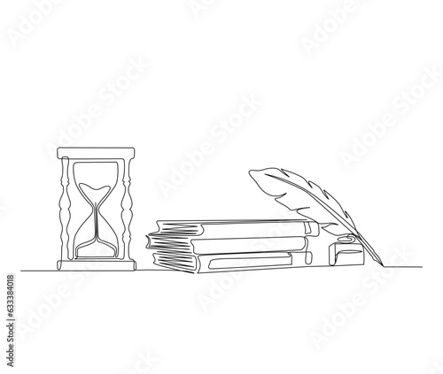 Continuous one line drawing of stack of hourglass timer, books, ink and quill pen. Feather Pen Single Line Vector Design.