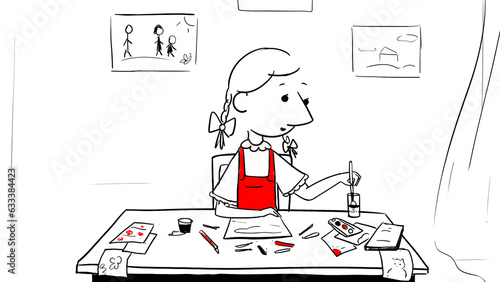 little girl sitting behind table, desk and painting in her room line illustration (ID: 633384423)