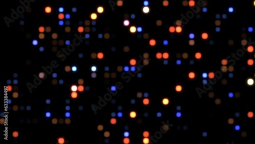 4K Glowing colorful small dots digital landscape technology background 3d cube particles moving. Dark technology bg glowing random dots in grid. Footage for Big data, machine learning, virtual space.
