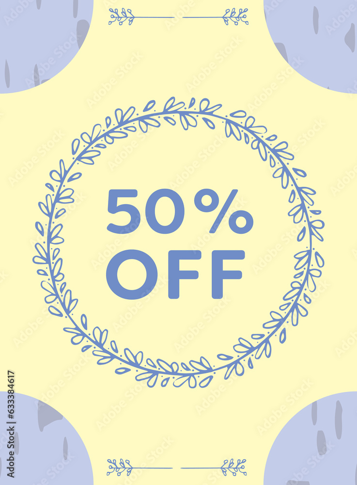 Digital png illustration of shapes and 50 percent off text on ...