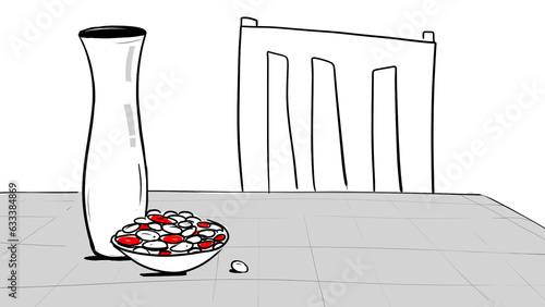 empty vase and plate with berry at the table line illustration (ID: 633384869)