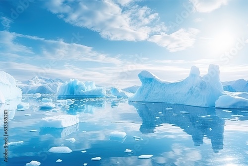 Ice sheet in polar regions. Sea with icebergs.