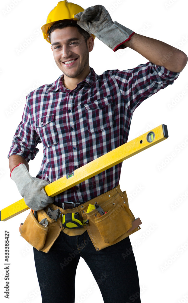 Digital png photo of happy male worker standing on transparent background Digital png photo of happy male worker standing on transparent background