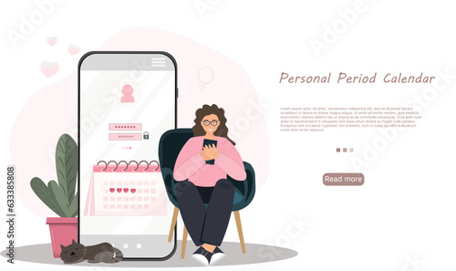 Mobile app with personal period calendar, calendar for menstruation control and pregnancy planning, woman with mobile phone scheduling period with marked days, women cycle tracker