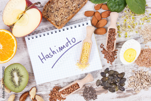 Nutritious ingredients and inscription hashimoto. Healthy food containing vitamins. Problems with thyroid concept