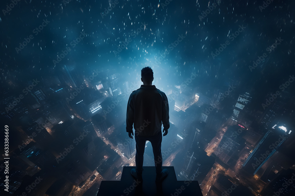 wanderer on top of a skyscraper with view to night sci-fi city