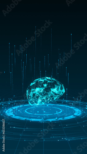 Blue polygon brain logo with particle ring circle rotation and ai technology icon on futuristic abstract background AI technology and machine learning vertical