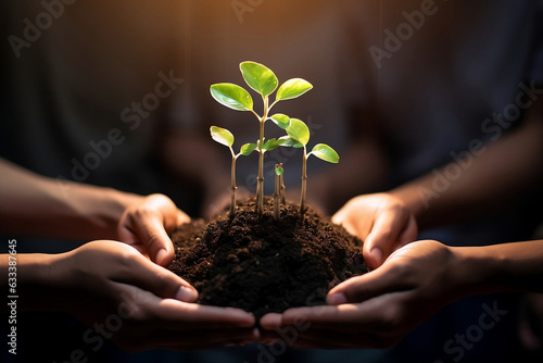 People holding young plant in hands. Earth day ecology concept. Unity of people in their hands protecting small sprout. Birth of a new life, protection of nature and environment.