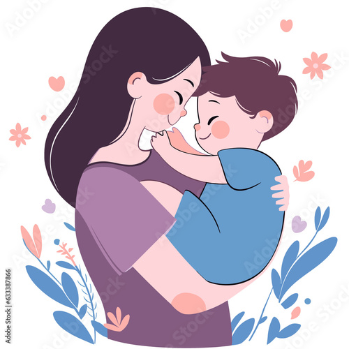 cute cartoon asian mother carrying her son with happy face.