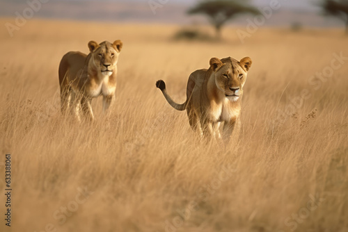 Lions stalking for prey on savanna © Kien