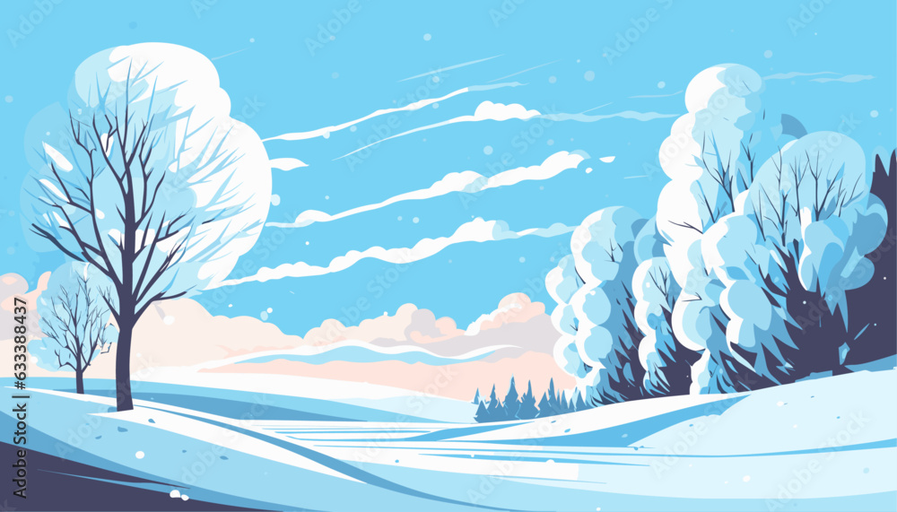Winter road in the forest. Winter landscape. Vector flat illustration.  - obrazy, fototapety, plakaty 
