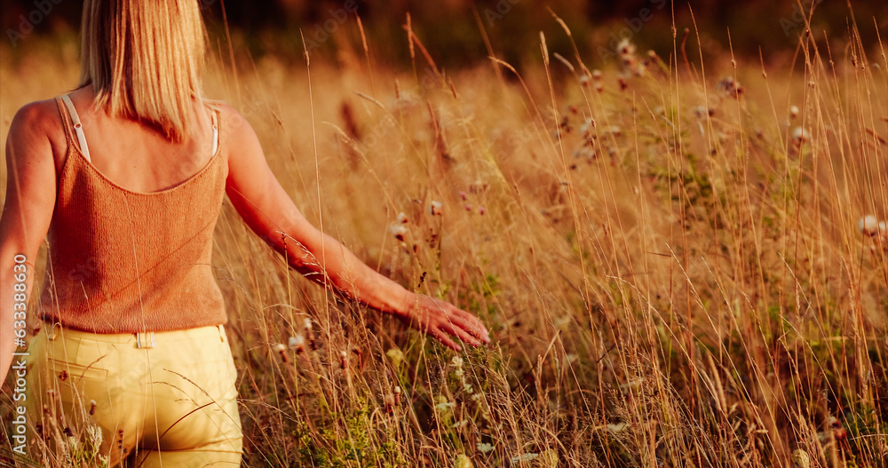 Unity With Nature. Yoga Concept Lifestyle. Healthy Lifestyle Concept. Young Pretty Caucasian Happy Girl Woman Walking At Summer Meadow. Calmness And Tranquility. Power Of Women. Stress Less.