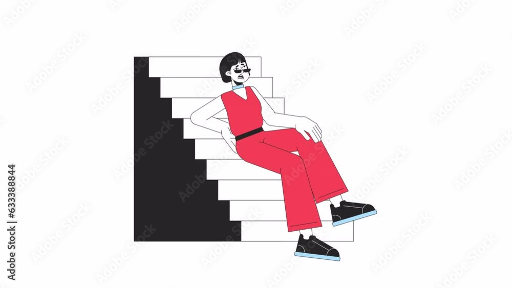Back injury woman fell down stairs line cartoon animation. Slip on stairs 4K video motion graphic. Asian lady accident. Injured person 2D linear animated character isolated on white background Back injury woman fell down stairs line cartoon animation. Slip on stairs 4K video motion graphic. Asian lady accident. Injured person 2D linear animated character isolated on white background