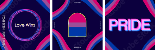 Set of Bisexuality Visibility Day Greeting Cards and artworks in paper art concept and typography, bi pride flag colors. Vector Illustration. EPS 10.