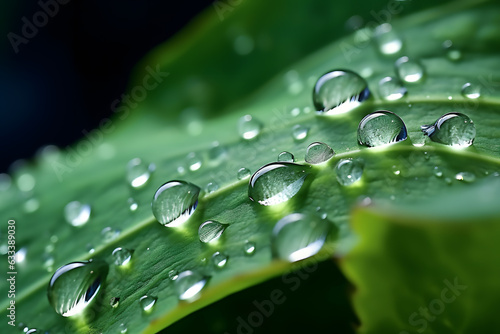 A macro shot of water drops on a tropical leaf