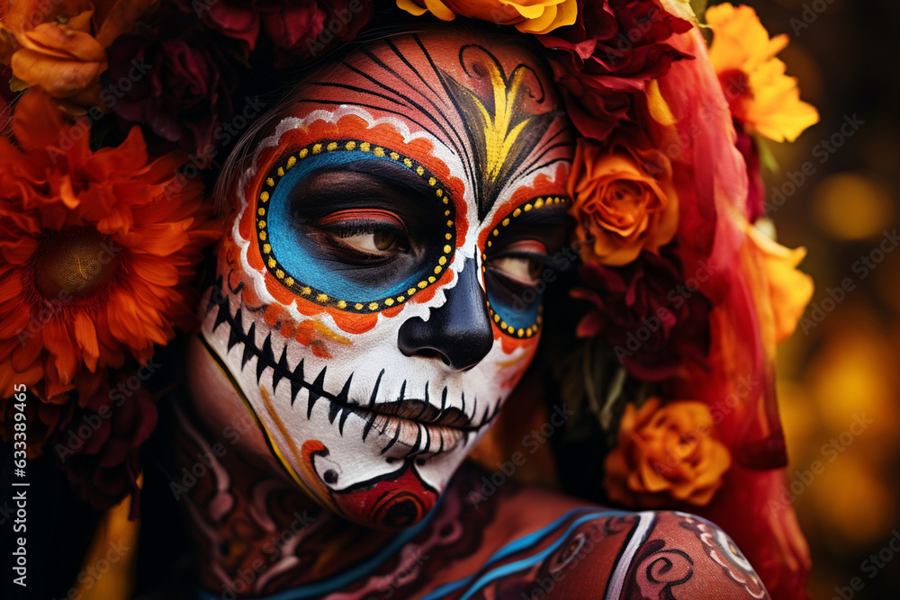 Skull with traditional Day of the Dead makeup and vibrant hues, Day of the Dead, Skull Generative AI Skull with traditional Day of the Dead makeup and vibrant hues, Day of the Dead, Skull Generative AI