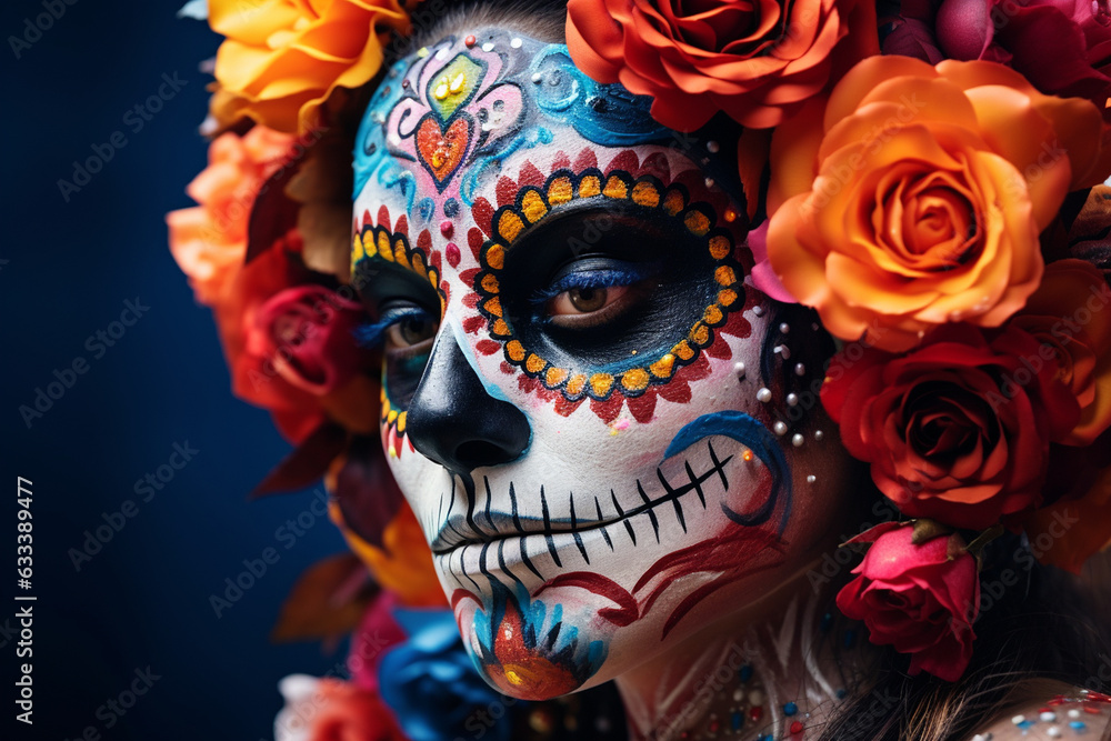 Naklejka premium Skull with traditional Day of the Dead makeup and vibrant hues, Day of the Dead, Skull Generative AI