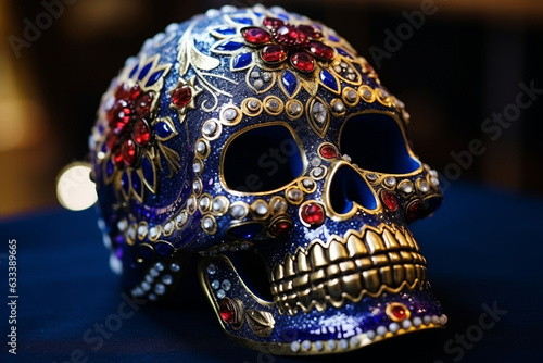 Skull adorned with jewels and ornate decorations, Day of the Dead, Skull Generative AI