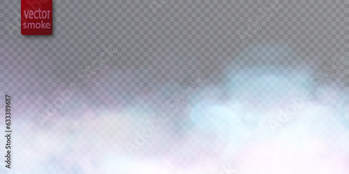 Texture of colorful smoke clouds, fog effect. Fog isolated on transparent background. Vapor in the air, evaporation. Vector