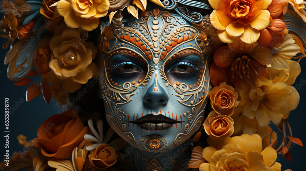 Calavera skull makeup and intricate floral patterns, Day of the Dead Generative AI