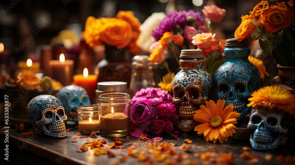 Vibrant Day of the Dead altar adorned with offerings, Day of the Dead Generative AI