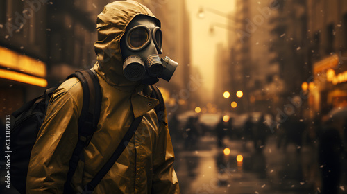 Person with a gas mask standing in a destroyed city in an apocalyptic scene
