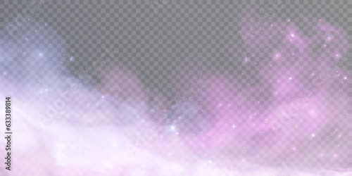 Texture of colorful smoke clouds, fog effect. Fog isolated on transparent background. Vapor in the air, evaporation. Vector