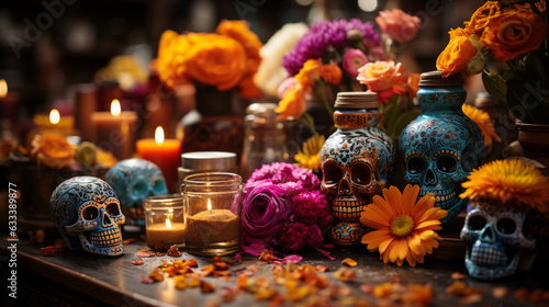 Vibrant Day of the Dead altar adorned with offerings  Day of the Dead Generative AI