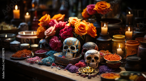 Leinwand Poster Vibrant Day of the Dead altar adorned with offerings, Day of the Dead Generative