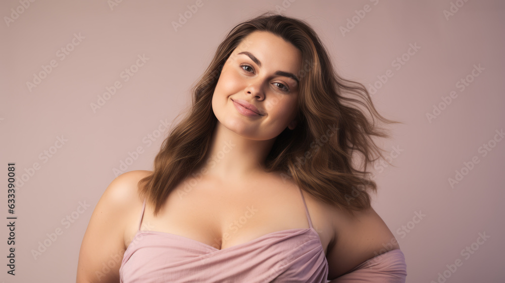 Happy smiling plus size woman on pink background. Created with Generative AI technology. Happy smiling plus size woman on pink background. Created with Generative AI technology.