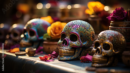 Decorated skulls and offerings on a vibrant Day of the Dead altar  Day of the Dead Generative AI