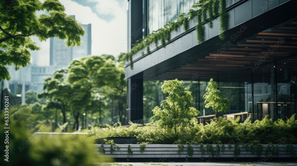 Fototapeta premium Green eco-friendly building with plants and trees. Created with Generative AI technology.