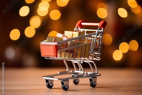 A toy shopping cart full of Christmas presents.