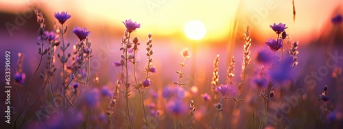 Art Wild flowers in a meadow at sunset. Macro image, shallow depth of field. Abstract august summer nature background