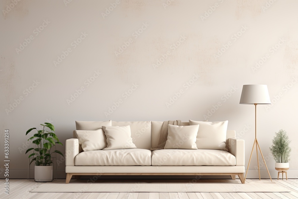 A rendering and illustration of an interior mockup showing a white sofa with beige pillows and traditional decorations on the empty wall background of a living room.