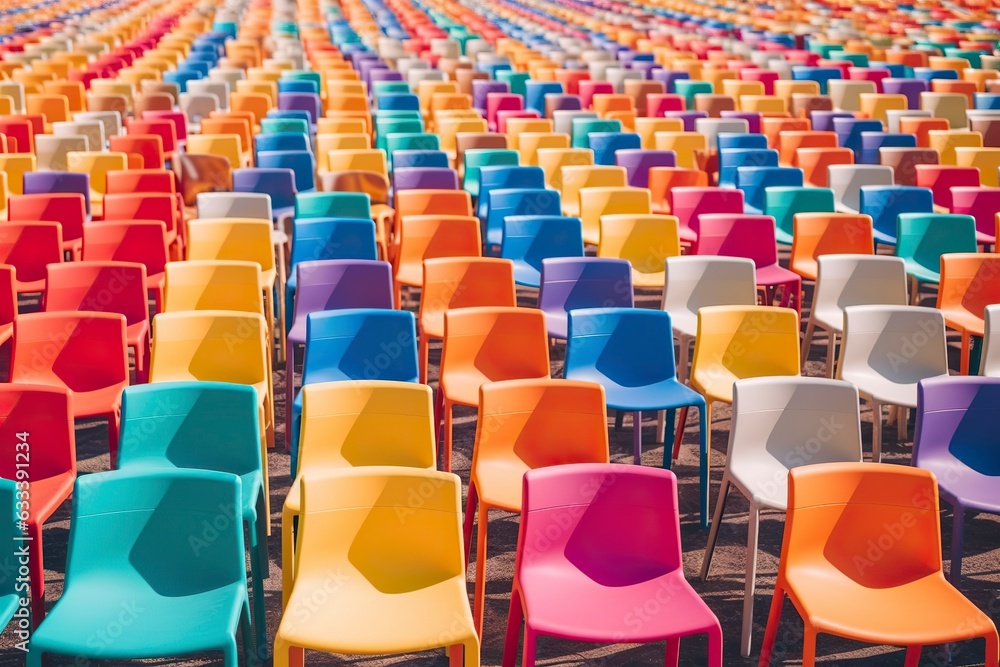 Obraz premium rows of vibrant and diverse plastic chairs and armchairs, creating a visually striking seating arrangement.