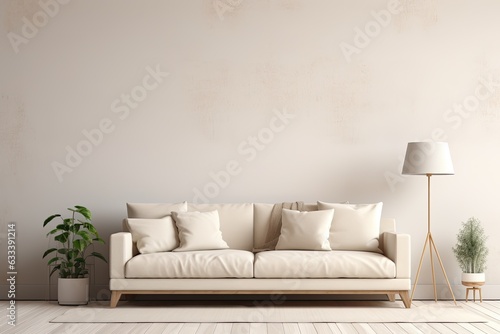 A rendering and illustration of an interior mockup showing a white sofa with beige pillows and traditional decorations on the empty wall background of a living room.
