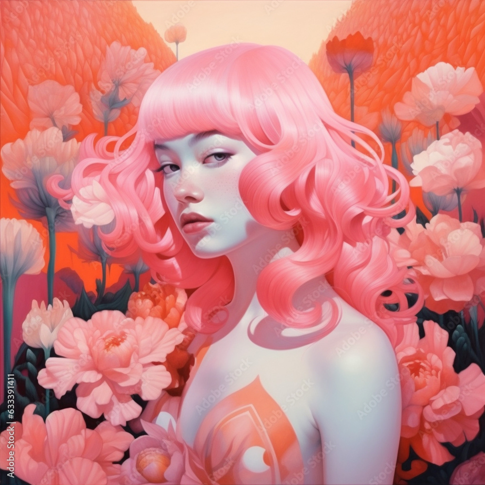 woman face tender girl colourful trend pastel portrait flower fashion beauty. Generative AI.