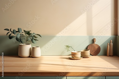 A minimal and cozy mockup design has been created for product presentation. The design features a modern style with a bright wooden countertop, a green counter, and a warm white wall. The kitchenware