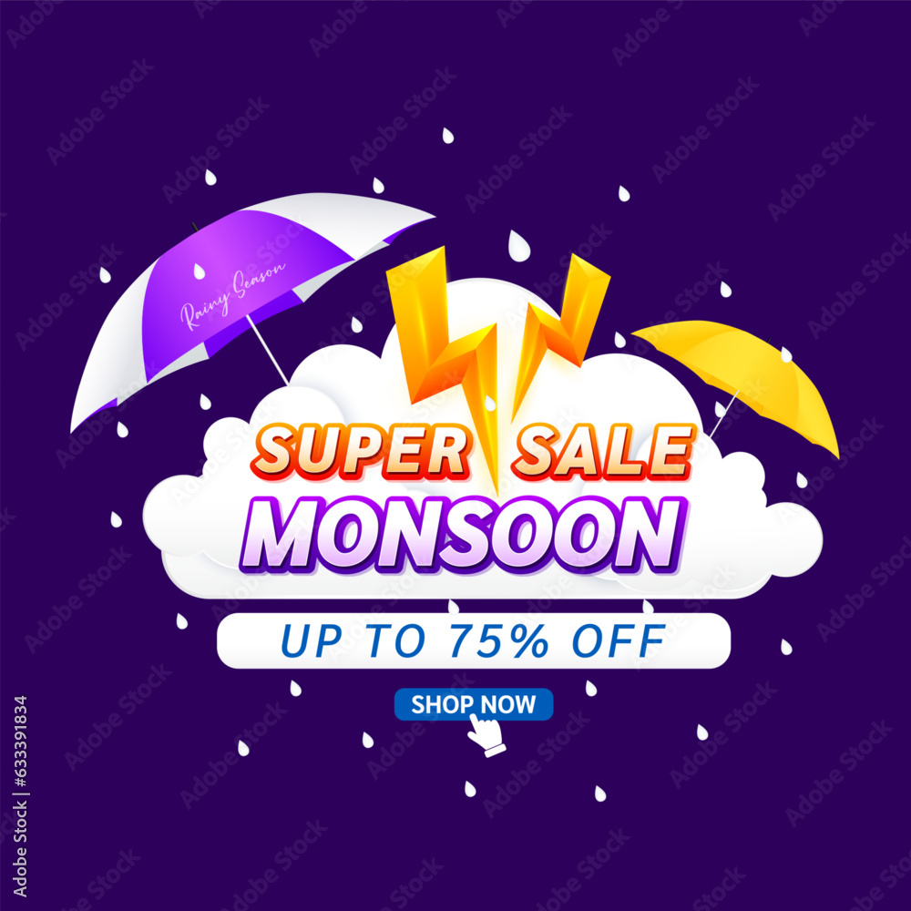 Monsoon super sale 75 percent and yellow thunder sign on clouds. Shopping under umbrella in rain with special offer sale campaign or promotion. Template design for social media. Vector EPS10.