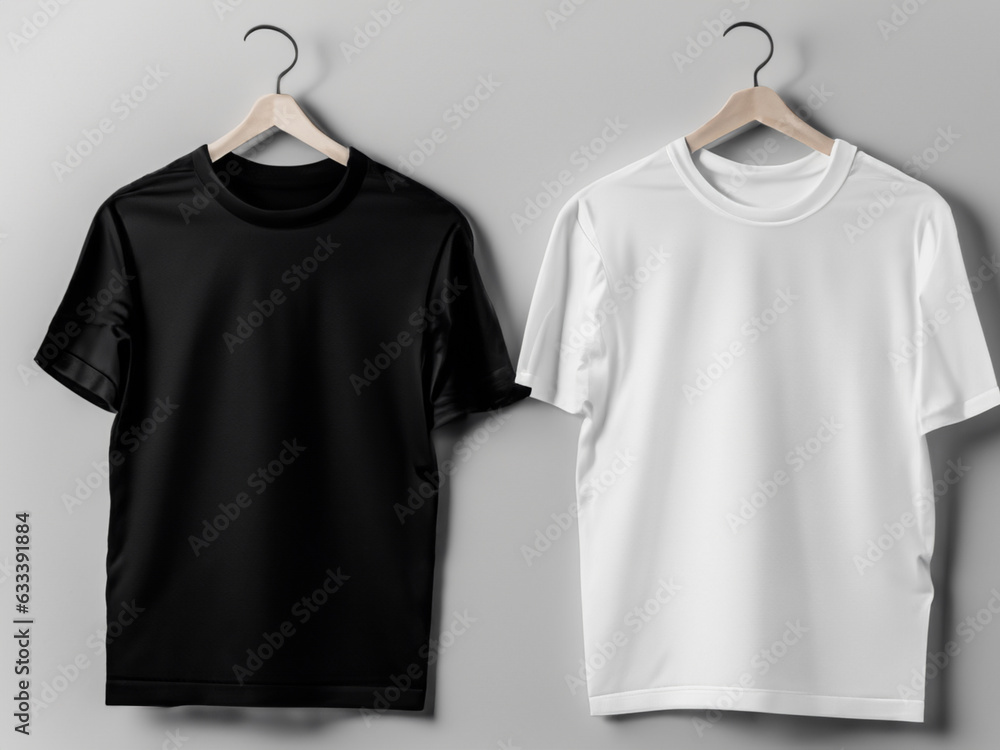 Realistic tshirt mockup | Blank black and white t-shirt on hanger, design mockup. Clear plain cotton tshirt mock up template. Apparel store logo mock branding display Realistic tshirt mockup | Blank black and white t-shirt on hanger, design mockup. Clear plain cotton tshirt mock up template. Apparel store logo mock branding display