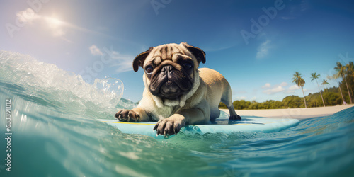 A funny pug lying on a surfboard in sea water. Creative composition of active summer sea vacation, learning to surf for beginners, water activities.