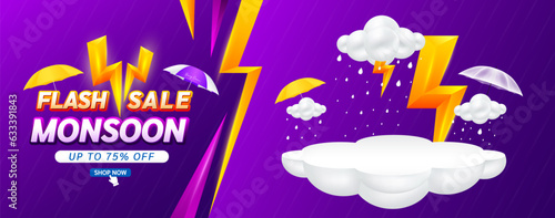 Monsoon flash sale 75 percent. Yellow thunder sign on clouds. Shopping under umbrella in rain with special offer sale campaign promotion. For social media ads with blank product podium scene. Vector.