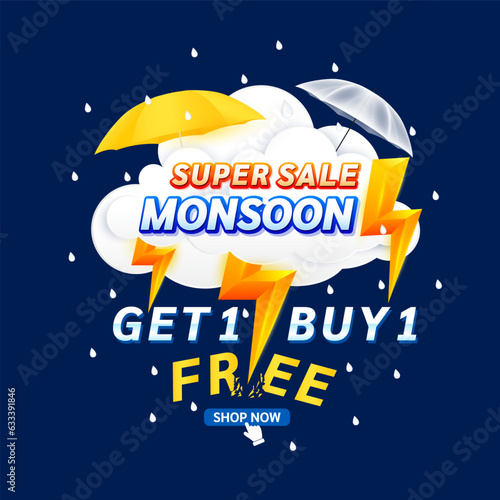 Monsoon super sale. Get 1 Buy 1 Free with yellow thunder sign on clouds. Shopping under umbrella in rain with special offer sale campaign or promotion. Template design for social media. Vector EPS10.