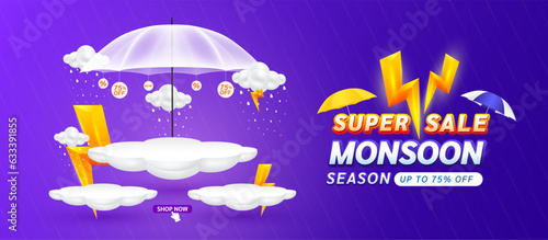 Monsoon super sale 75 percent. Yellow thunder sign on clouds. Shopping under umbrella in rain with special offer sale campaign promotion. For social media ads with blank product podium scene. Vector.