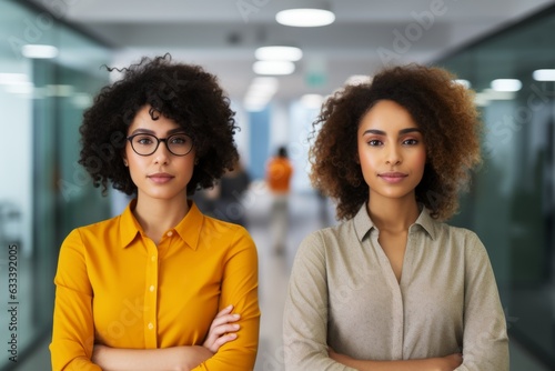 Two business people smiling multi-ethnic happy women colleagues mixed race co-workers standing together. Diversity happiness businesswomen diverse office job occupation female employees smile photo